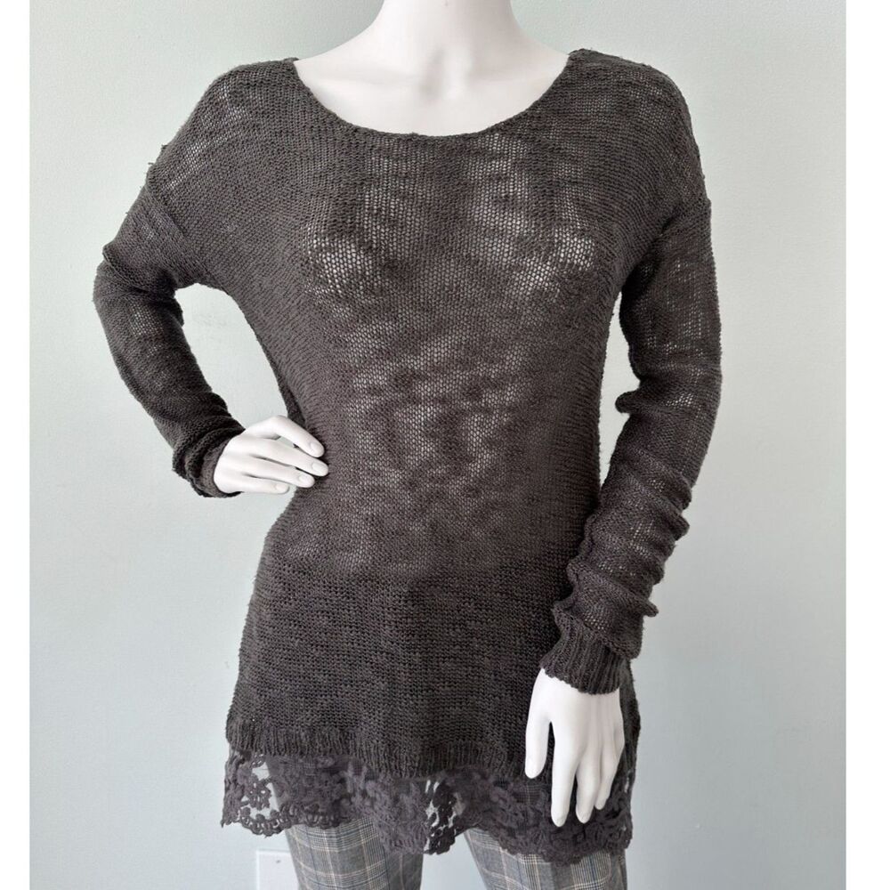 Vintage Y2K Delia's Sheer Loose Knit Tunic Sweater Charcoal Gray Lace Trim sz S